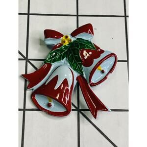 Vintage Blue Plastic 2 Bells Christmas Red with Holly Pin Brooch Unmarked GUC